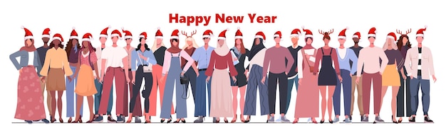 クリスマスの帽子をかぶった現代の若者のグループがクリスマスと新年を祝います