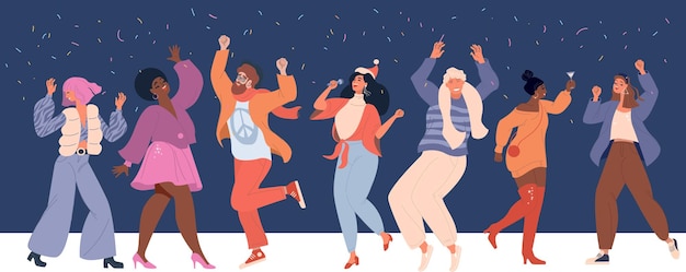 Group of young people celebrating New year party outdoors Flat vector characters