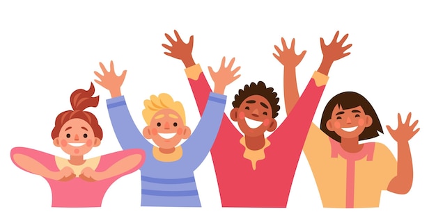 a group of young people of different nations rejoice with their hands up