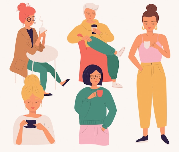 Vector group of young people drinking coffee. women and man, young people, sitting and standing, enjoying a beverage, isolated flat