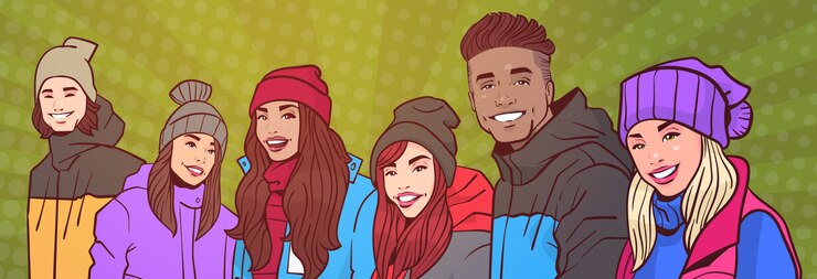 Вектор группа молодых людей, счастливых улыбок mix race в зимней одежде на фоне красочных ретро стиль горизонтальный