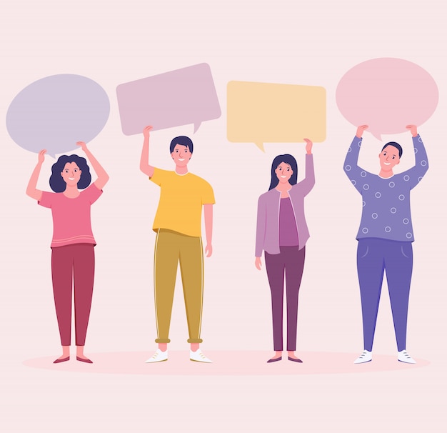 Group of young people  holding empty  speech bubbles. flat character of a teenager.