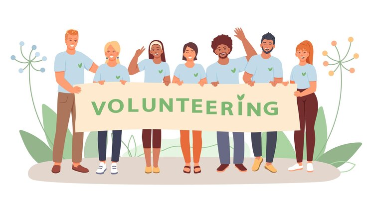 Vector group of young people holding poster with volunteer slogan and take picture together