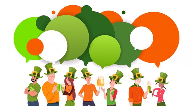 Group Of Young People In Leprechaun Hats Over Chat Bubbles Background Celebrate Saint Patrick Day