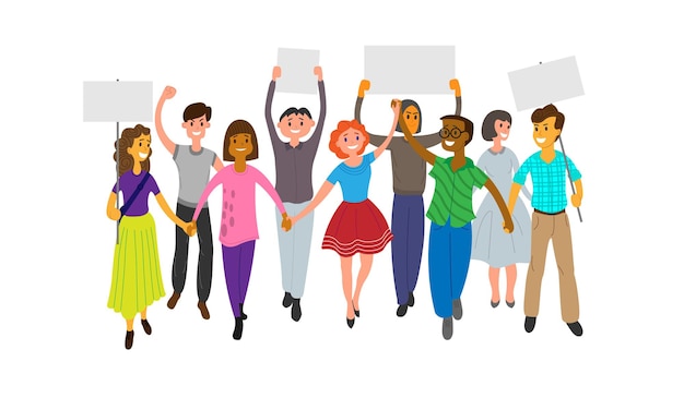 A group of young people participate in a parade, rally or demonstration. Men and women hold each other's hands, and some hold posters in their hands. Flat vector illustration on a white background.