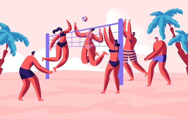 Group of Young People Playing Beach Volleyball on Seaside. Male, Female Characters Sports Activity in Exotic Tropical Place on Summer Time Vacation Leisure, Recreation Cartoon Flat  Illustration