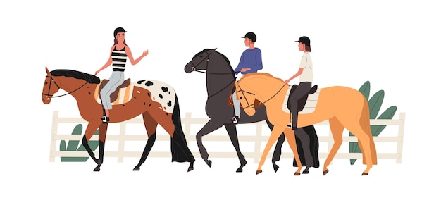 Vector group of young people riding horse at racecourse. couple at equestrian school with instructor. scene of horseriding or jockey training lesson. flat vector cartoon illustration isolated on white.