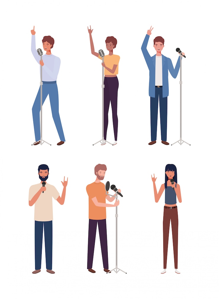 Vector 마이크와 함께 노래하는 젊은 사람들의 그룹
