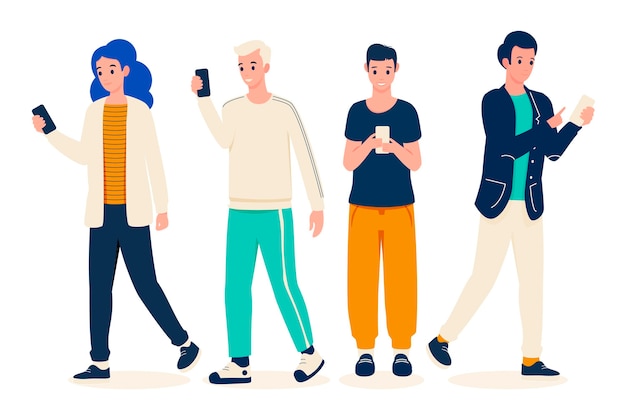 Vector group of young people using smartphones