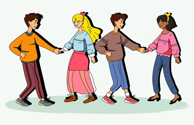 Group of young people walking and holding hands Vector illustration in cartoon style