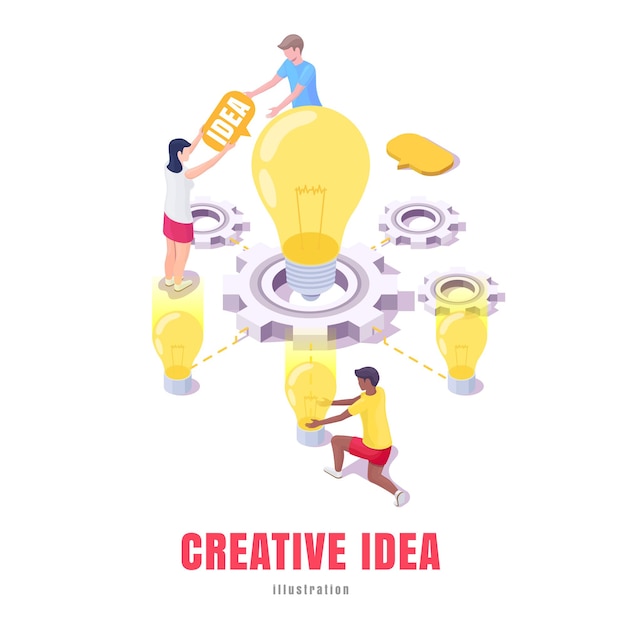 Gruppo di giovani che lavorano su idee creative per affari, illustrazione isometrica per banner