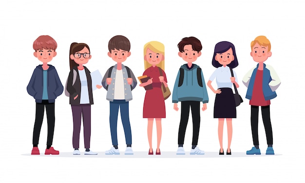 Vector group of young students. flat style illustration isolated on white