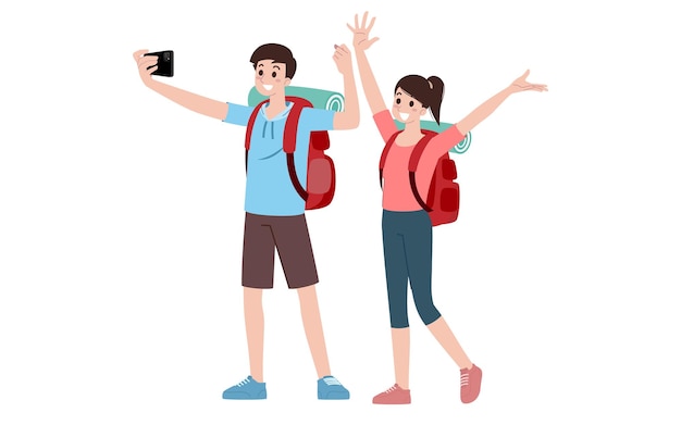 Vector group of young tourist characters traveling tourists with travel backpack going on vacation trip after covid19 virus was diminish vacation people isolated vector summer character woman and man