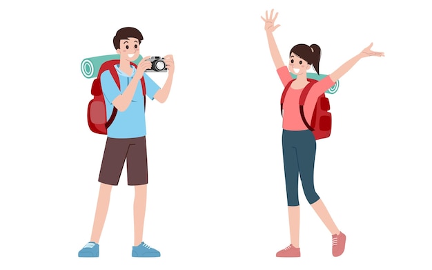 Vector group of young tourist characters traveling tourists with travel backpack going on vacation trip after covid19 virus was diminish vacation people isolated vector summer character woman and man