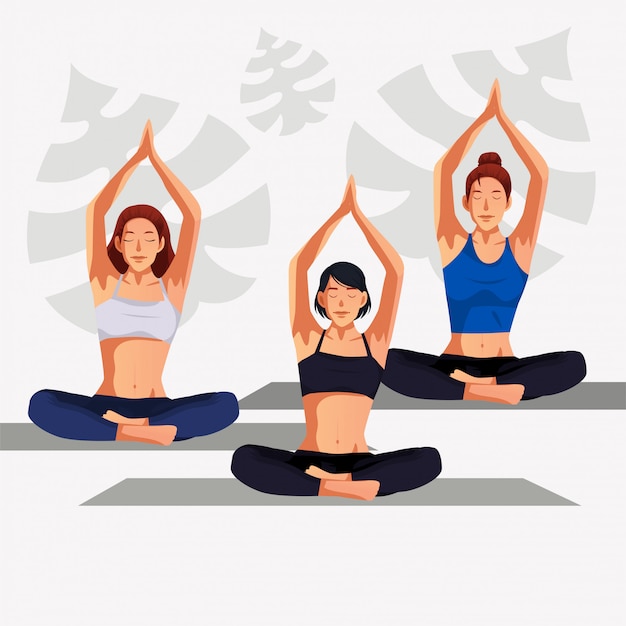 Group of young woman warming up before yoga class