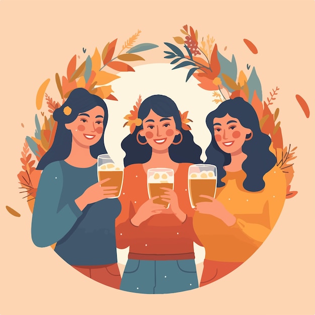 Vector group of young women cheers beer flat design
