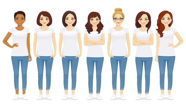 Группа молодых женщин, стоящих в белых футболках, изолированные