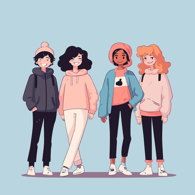 Vector group of young women in warm clothes vector illustration in cartoon style