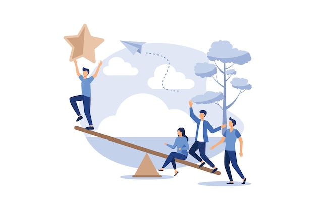 Vector groups of people on a swing and outweighs them to get a star from the sky flat design illustration