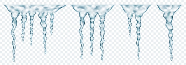 Groups of translucent gray realistic icicles of different lengths connected at the top isolated on transparent background Transparency only in vector format