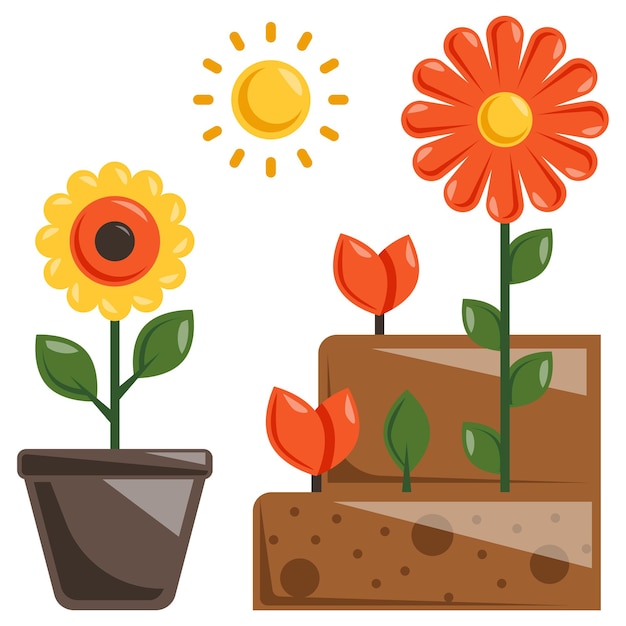 Vector grow veg in pots concept plant a bulb container in layers vector icon design lawn and gardening