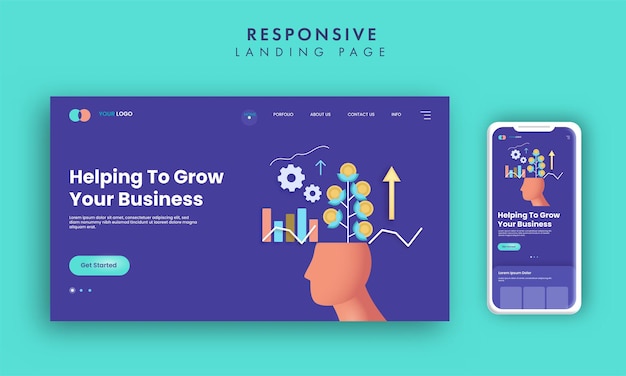 スマートフォンのイラストを使用して、ビジネスベースのランディングページのデザインを青色で成長させます。