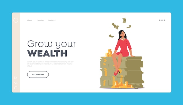 Grow your Wealth Landing Page Template Rich Millionaire Businesswoman Character Sitting on Huge Money Pile