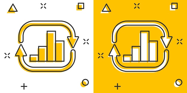 Icona del grafico a barre in crescita in stile fumetto aumenta l'illustrazione del vettore del fumetto della freccia su sfondo bianco isolato concetto di business con effetto splash di progresso infografico