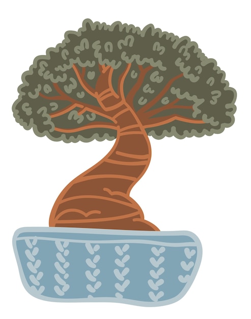 Растущее дерево бонсай в горшке, горшечное растение с широким стеблем и листвой. изолированные растение в вазе. японская и восточная культура, биоразнообразие и зелень комнатных растений. вектор в плоском стиле