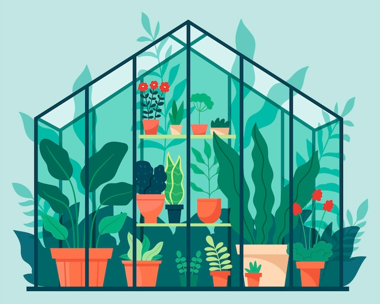Vector growing flowers and plants in the greenhouseglasshouse or botanical garden concept of home gardening