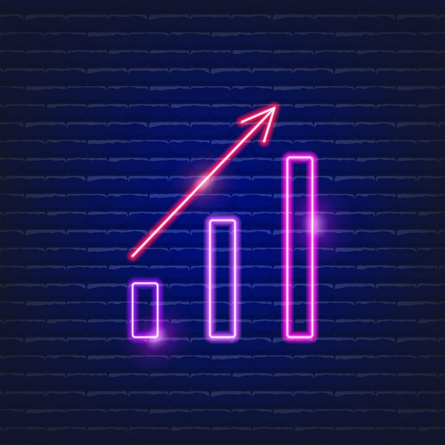 Growing graph and arrow neon icon glowing vector graphic illustration sign for website business concept