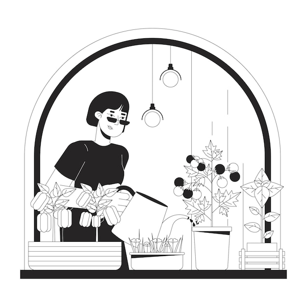 Vector growing indoor veggies windowsill black and white cartoon flat illustration