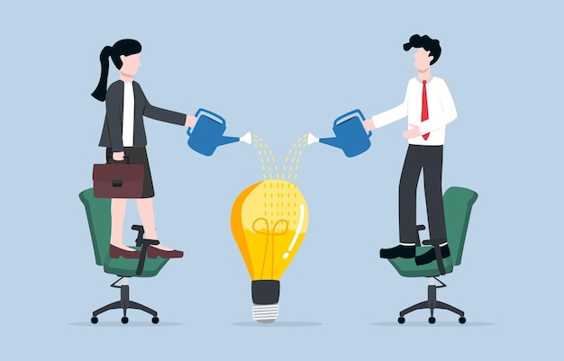 성장하는 지식 또는 혁신적인 아이디어 개념 직원들이 전구 아이디어에 액체를 붓는다