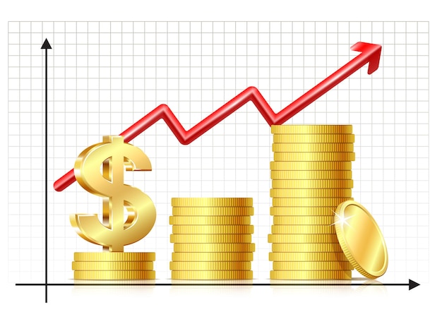 Growing money concept Dollar sign with chart rising arrow and coins