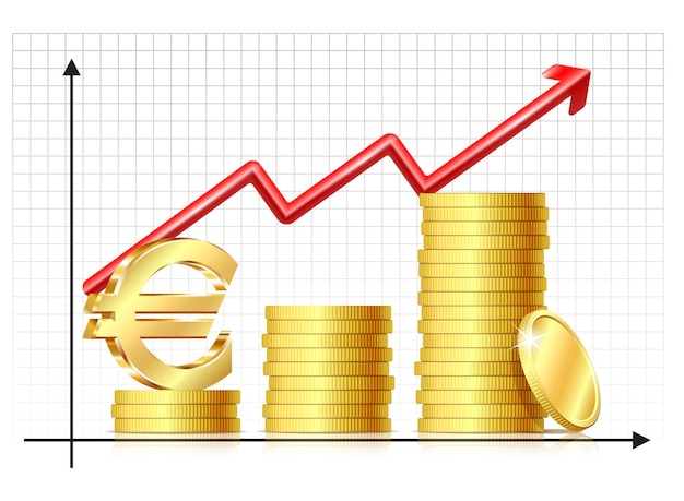 Growing money concept euro sign with chart rising arrow and coins