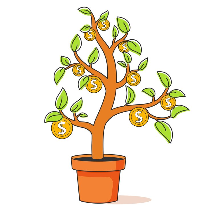 Vector growing money tree line art financial growth concept tree in flower pot plant with gold coins