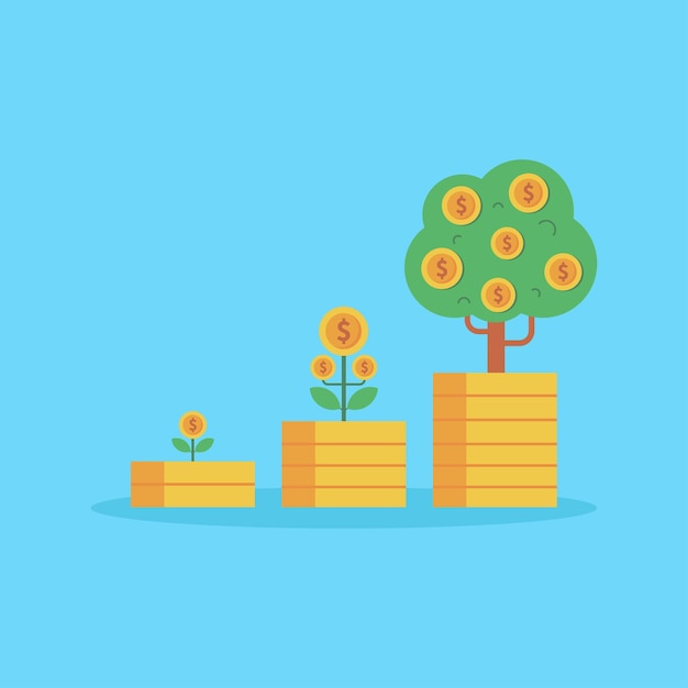 Vector growing money tree plant with coin dollar isolated on blue background