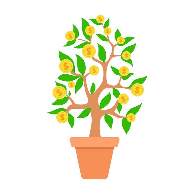 Growing money tree in a pot in the form of coins with dollars Vector illustration The concept of prosperity passive income financial abundance and wealth Growing an income generating business