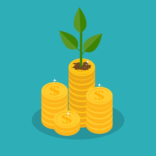 Vector growing money tree with gold coins on branches. wealth and business success.