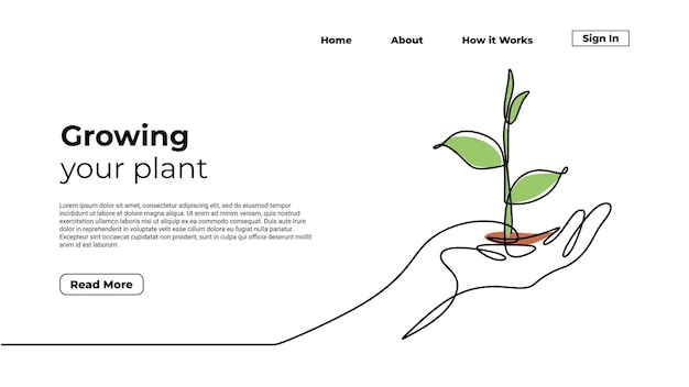 Growing plant continuous one line drawing Landing page template of hand holding plants Sprout grow symbol of environment protection