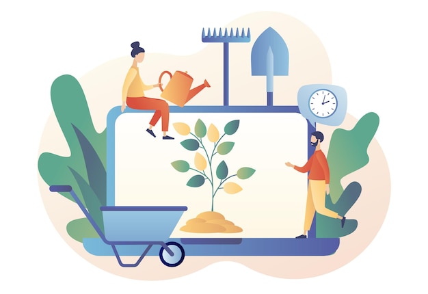 Growing plants online. Gardening concept. Gardening equipment planting tree. Country life. Modern