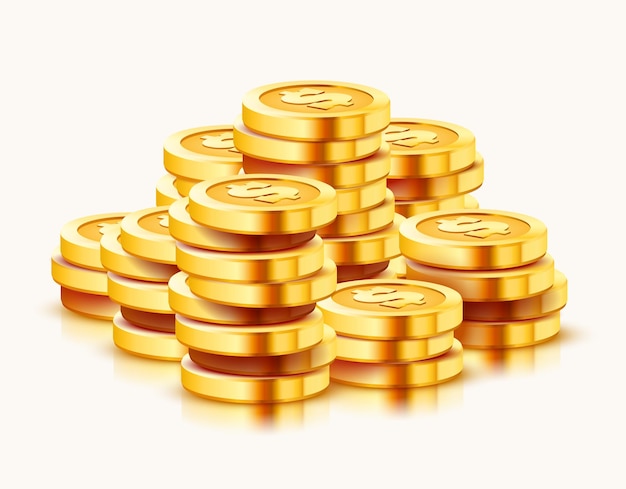 Growing stack of golden dollar coins isolated on white.