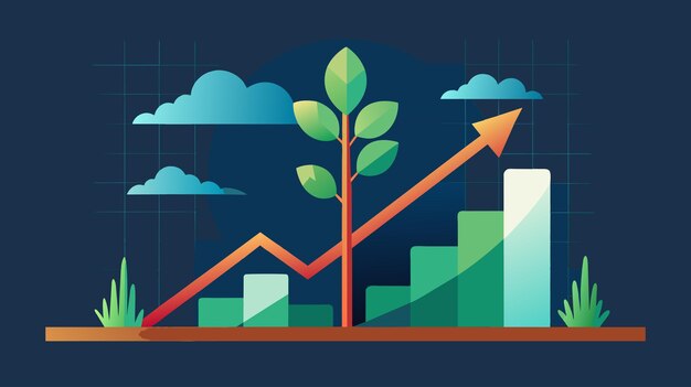 Growing tree and rising graph illustration on blue background