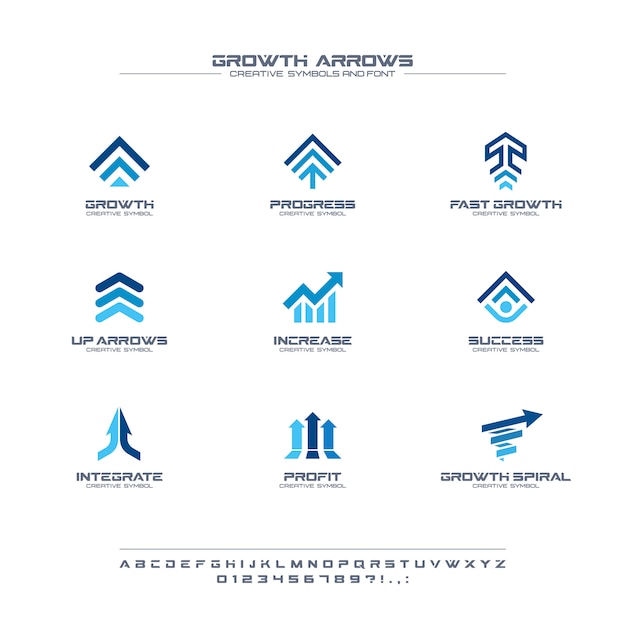 Vector growth arrows creative symbols set, font concept. finance profit, bank, stock market abstract business logo. increase, grow up chart icon