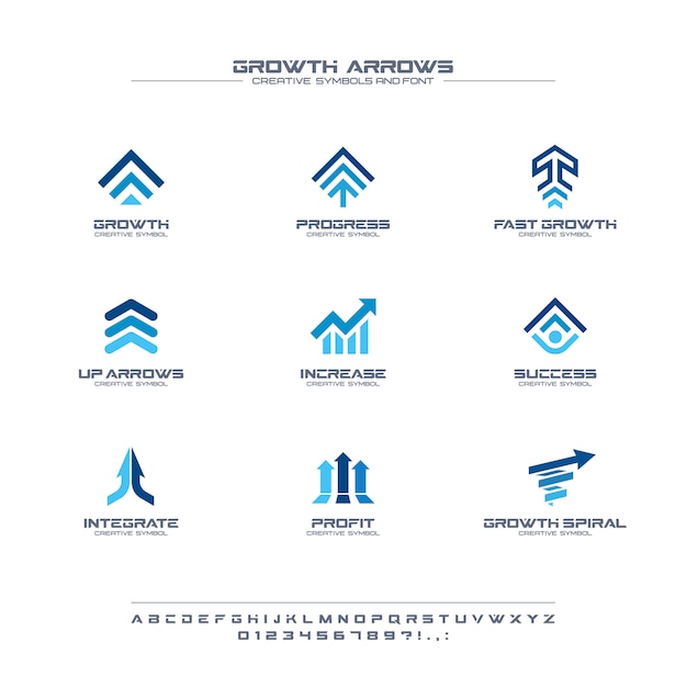 Growth arrows creative symbols set, font concept. finance profit, bank, stock market abstract business logo. increase, grow up chart icon