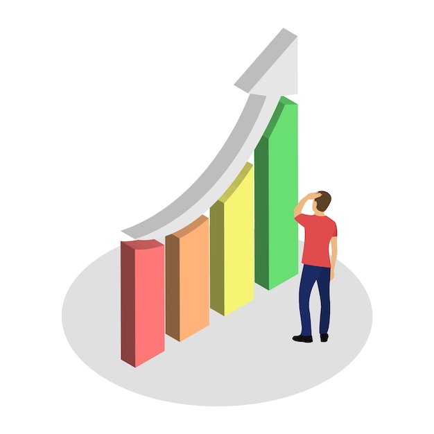 Growth chart. Concept with character. Financial solution. Isometric.