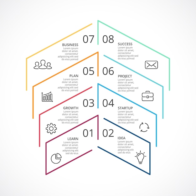 Vettore grafico di crescita con frecce grafico infografico con 8 passaggi e opzioni