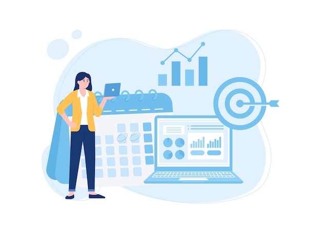 Growth data with targets and calendar concept flat illustration