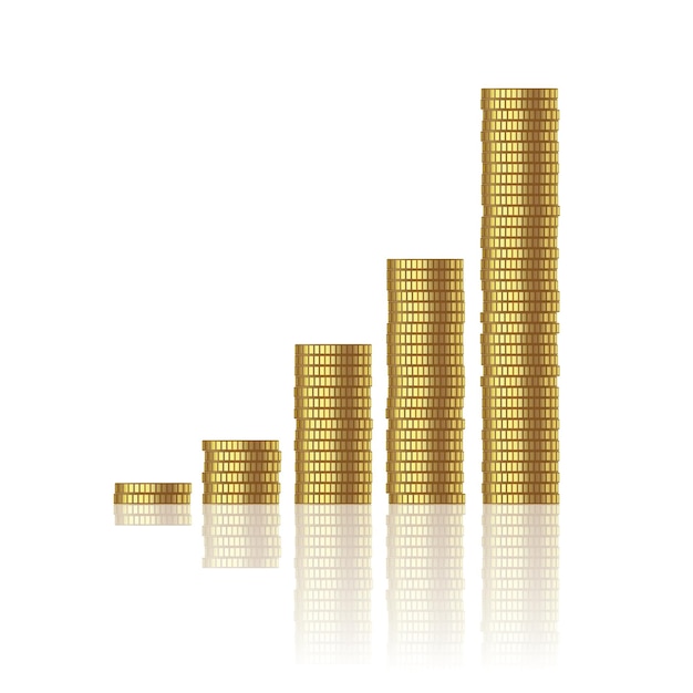 Growth of gold coins isolated on white background