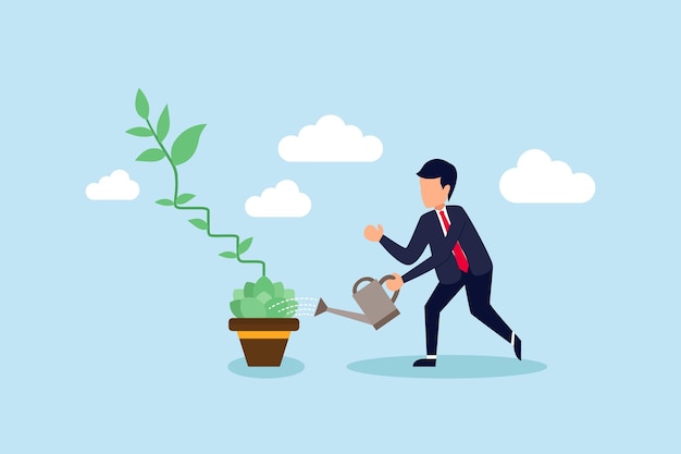 Growth step or career path job improvement stair or growing investment or stair to success mentorship concept businessman watering seedling plant growing up as stair to climb to reach success